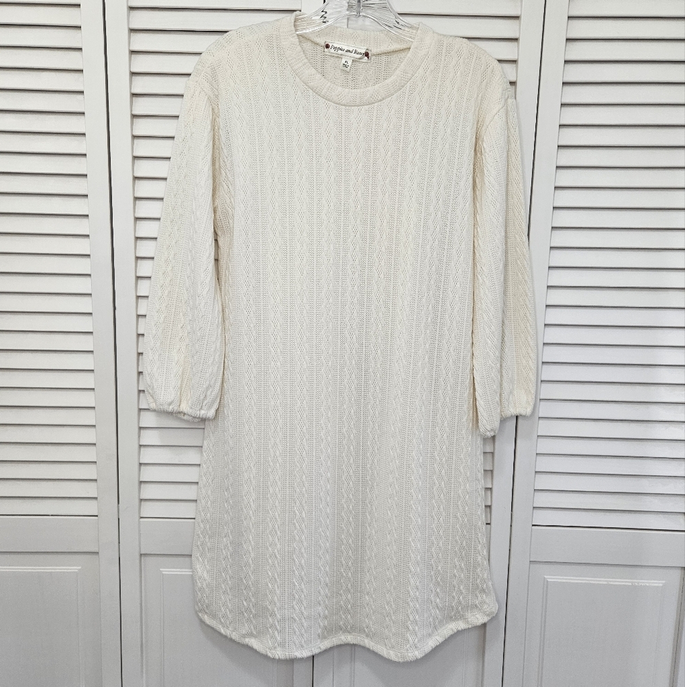 Poppies & Roses Cable Knit Lined Long Sweater 3/4 Sleeve Cream Size XL